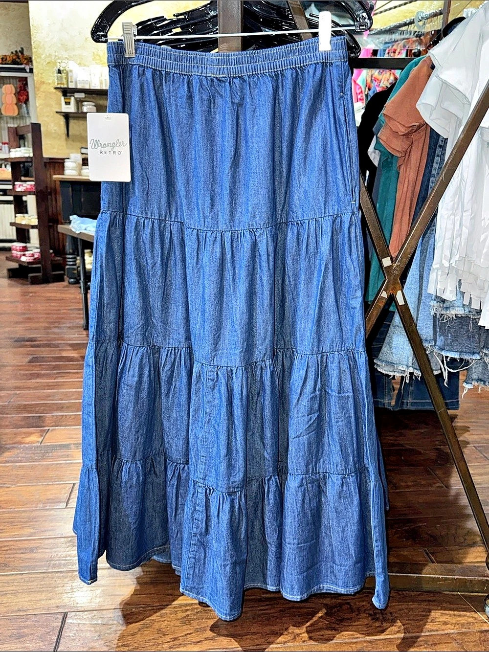 Wrangler Retro Tiered Maxi Skirt in Blue with pockets. NWT